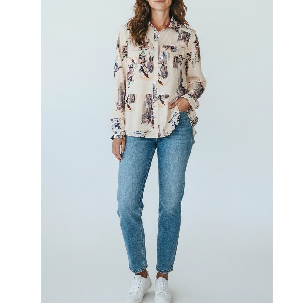 Misslook Womens XL Western Graphic Peplum Button Down Shirt Cream Jockey